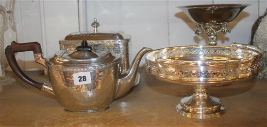 Silver plate biscuit box, plated teapot and 5 other plated items